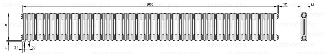 Схема (чертеж) Радиатор Zehnder Charleston 2035/58 №3370 Белый глянцевый RAL 9016